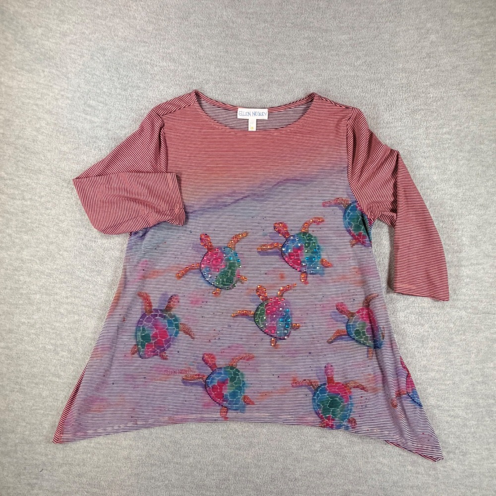 Ellen Negley Art & Sol Tunic Women L Striped Sequin Sea Turtle Sharkbite Hem y2k